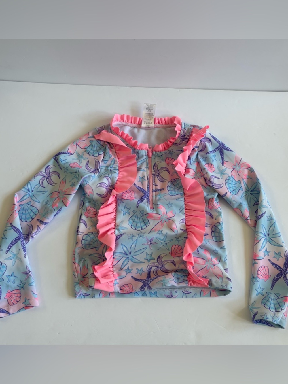 Betsey Johnson Floral Rashie Swim Top Long Sleeve Ruffle Zip Sea Star 6 Resort